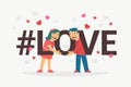 Hashtag love concept flat vector illustration of young boy and girl hugging letters love and smiling