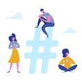 Hashtag people characters chatting with phones on social media, networking. Illustration design for web banner, marketing Royalty Free Stock Photo