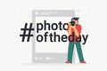 Hashtag photo of the day concept flat vector illustration of photographer taking a photo using slr camera Royalty Free Stock Photo