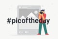 Hashtag picture of the day concept flat vector illustration of photographer taking a photo using slr camera Royalty Free Stock Photo