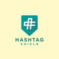 Hashtag shield logo design vector, showing shield icon with hashtag icon, for college, education, academy, group