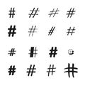 Hashtag signs. Number sign, hash sign. Collection of 16 black symbols isolated on a transparent background.