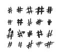 Hashtag signs. Number sign, hash, or pound sign. Hand painted symbols isolated on a white background. Vector