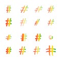 Hashtag signs. Number sign, hash sign. Collection of 16 color symbols isolated on a transparent background