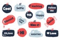 Hashtag social banner. Media slang doodle logos with speech bubbles modern social quotes. Vector internet blog trends