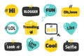 Hashtag social banners. Trendy blog slang logos concept, fun post tag design on speech bubble. Vector modern social