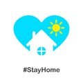 Hashtag stay home. Blue heart icon with a yellow sun and a house symbol on a white background. Isolated object. Vector Royalty Free Stock Photo