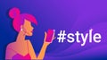 Hashtag style concept gradient vector illustration of sensual redhead woman using mobile smart phone