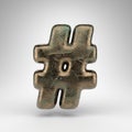 Hashtag symbol on white background. Bronze 3D sign with oxidized scratched texture