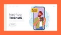 Hashtag Trends Landing Page Template. Man Character Holding Hashtag Sign On Huge Smartphone Screen, Vector Illustration Royalty Free Stock Photo