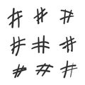 Hashtag vector hand drawn icons set for social network or internet application. Hashtag ink paint brush stroke line symbols Royalty Free Stock Photo