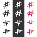 Hashtag vector hand drawn icons set for social network or internet application. Hashtag ink paint brush stroke line symbols Royalty Free Stock Photo