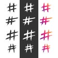 Hashtag vector hand drawn icons set for social network or internet application. Hashtag ink paint brush stroke line symbols Royalty Free Stock Photo