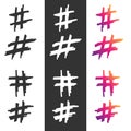 Hashtag vector hand drawn icons set for social network or internet application. Hashtag ink paint brush stroke line symbols Royalty Free Stock Photo