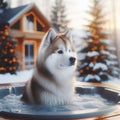 haski dog in a jacuzzi outdoors in winter, blure bokeh winter nature background. ai generative