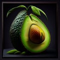 Hass avocado fruit cut half with shape heart. Illustration AI