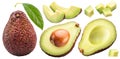Hass avocado fruits, avocdo slices and leaf on white background. File contains clipping path Royalty Free Stock Photo