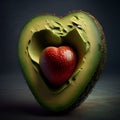 Hass avocado tropical fruit cut with shape heart. Illustration