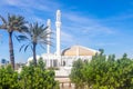 Hassan Enany golden domed mosque with palms in foreground, Jeddah