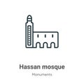 Hassan mosque outline vector icon. Thin line black hassan mosque icon, flat vector simple element illustration from editable Royalty Free Stock Photo