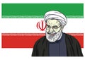 Hassan Rouhani Vector Portrait Drawing Cartoon Caricature Illustration with Flag of Iran. October 11, 2017