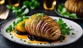 Hasselback potatoes on the black plate. Royalty Free Stock Photo