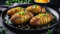 Hasselback potatoes on the black plate. Royalty Free Stock Photo