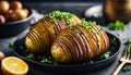 Hasselback potatoes on the black plate. Royalty Free Stock Photo