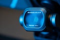Hasselblad digital photo or video camera illuminated with blue light,the camera is mounted on a DJI Mavic 2 Pro drone