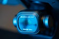 Hasselblad digital photo or video camera illuminated with blue light,the camera is mounted on a DJI Mavic 2 Pro drone