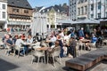 Hasselt, Limburg, Belgium - Busy cafe terraces in old town on a hot spring day