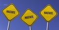 hastate - three yellow signs with blue sky background Royalty Free Stock Photo