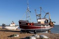 View of a fishing boat on the beach at Hastings, East Sussex on February 12, 2024