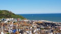 Hastings town landscape in England, southeast coast. View over Hastings old town to the sea from the hill.