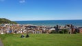 Hastings town landscape in England, southeast coast. View over Hastings old town to the sea from the hill.