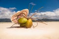 Hat above a bunch of coco nuts on the beach Royalty Free Stock Photo