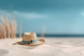 Hat on the beach with sea and sky background. Summer vacation concept. Royalty Free Stock Photo