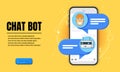 ÃÂ¡hat bot concept. Horizontal business banner template with illustration of man chatting with chat bot in smartphone. Website Royalty Free Stock Photo