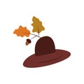 Hat with brim and autumn leaves. Cartoon vector isolated