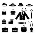 Hat cap bag briefcase jacket blazer tie boots umbrella icon vector illustration set. Black white sign symbol people accessories Royalty Free Stock Photo