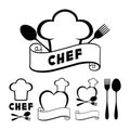 Hat chef cook, fork, spoon, ribbon and heart. Royalty Free Stock Photo