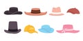 Hat collection set of flat illustration head dress fancy brim beret cowboy cap man woman flat illustration