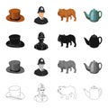 Hat is a cylinder, a policeman, an English bulldog, a kettle. England set collection icons in cartoon black monochrome