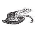 Hat with fancy feathers, hand drawn doodle, sketch in woodcut style, black and white vector