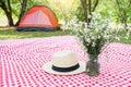 Hat and flower on the Red classic checkered tablecloth and camping background. Use for background with copy space