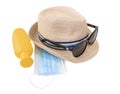 Hat, glasses, yellow tube and medical mask. Rest of the time of the coronavirus Royalty Free Stock Photo