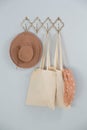 Hat, grocery bag and scarf hanging on hook Royalty Free Stock Photo