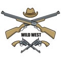Hat and guns cowboy. Cartoon picture of the wild west.