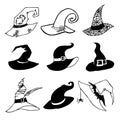 Hat for halloween. Witch hats with straps and buckles set isolated on white background. Collection of halloween silhouettes, Royalty Free Stock Photo