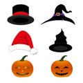 Hat Holiday Set. Magician, Witch, Santa, Pumpkin Halloween Hat isolated on White Background. Vector Illustration. Royalty Free Stock Photo